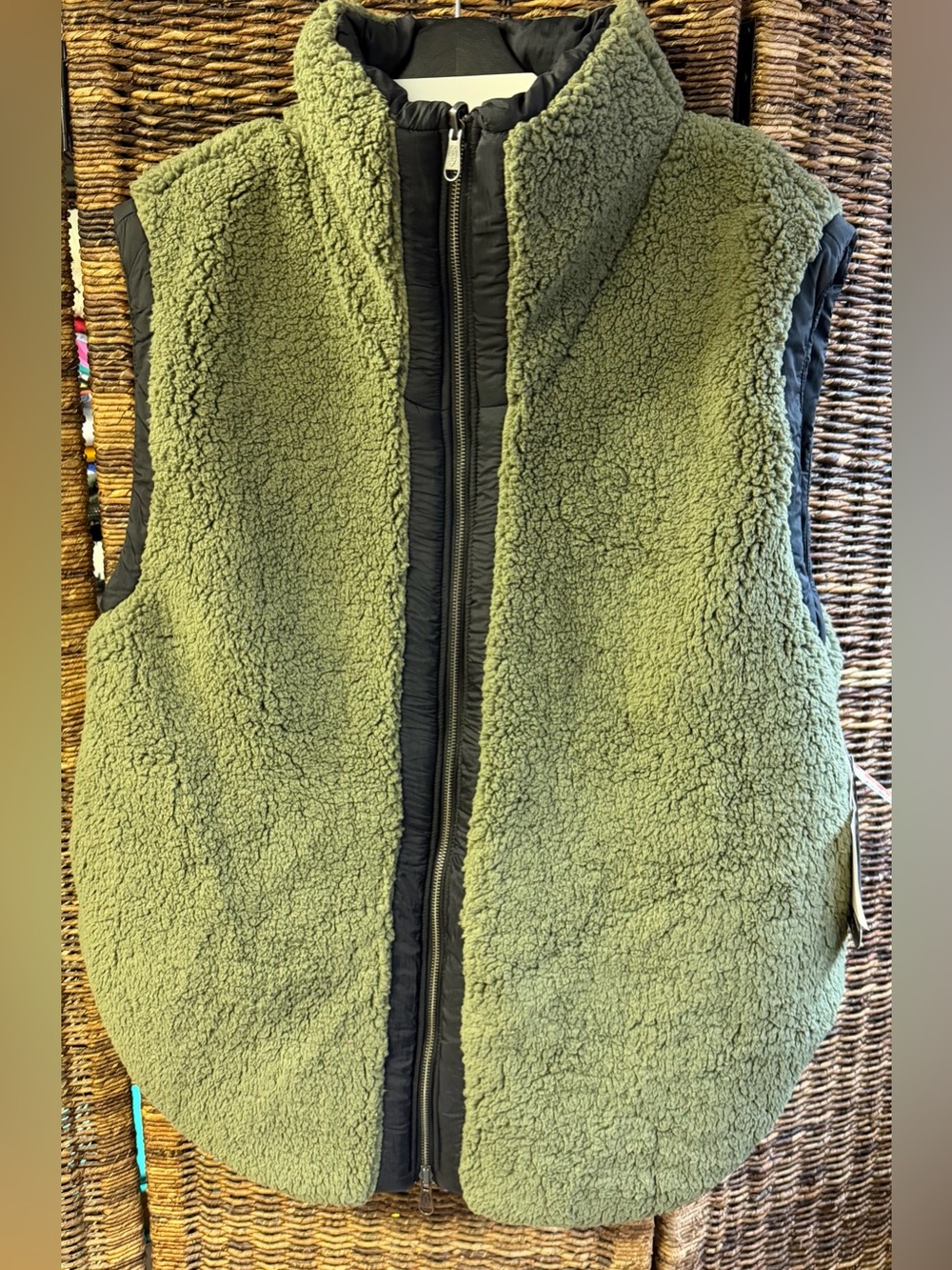 FP Movement - NWT-Olive Green Sherpa Zip-Front Vest, Reversible black, Medium